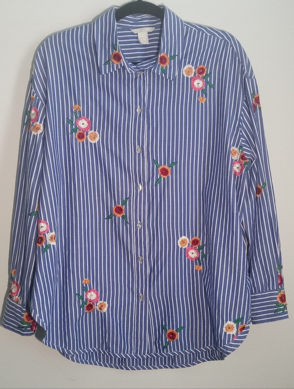 H&M Oversized Striped Blue Floral Embroidered Button-Down Shirt - Women